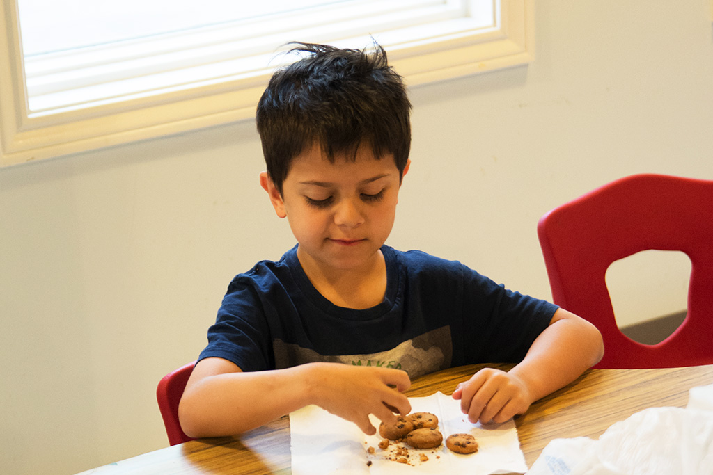 A Boy with Dark Hair eating a Cookie