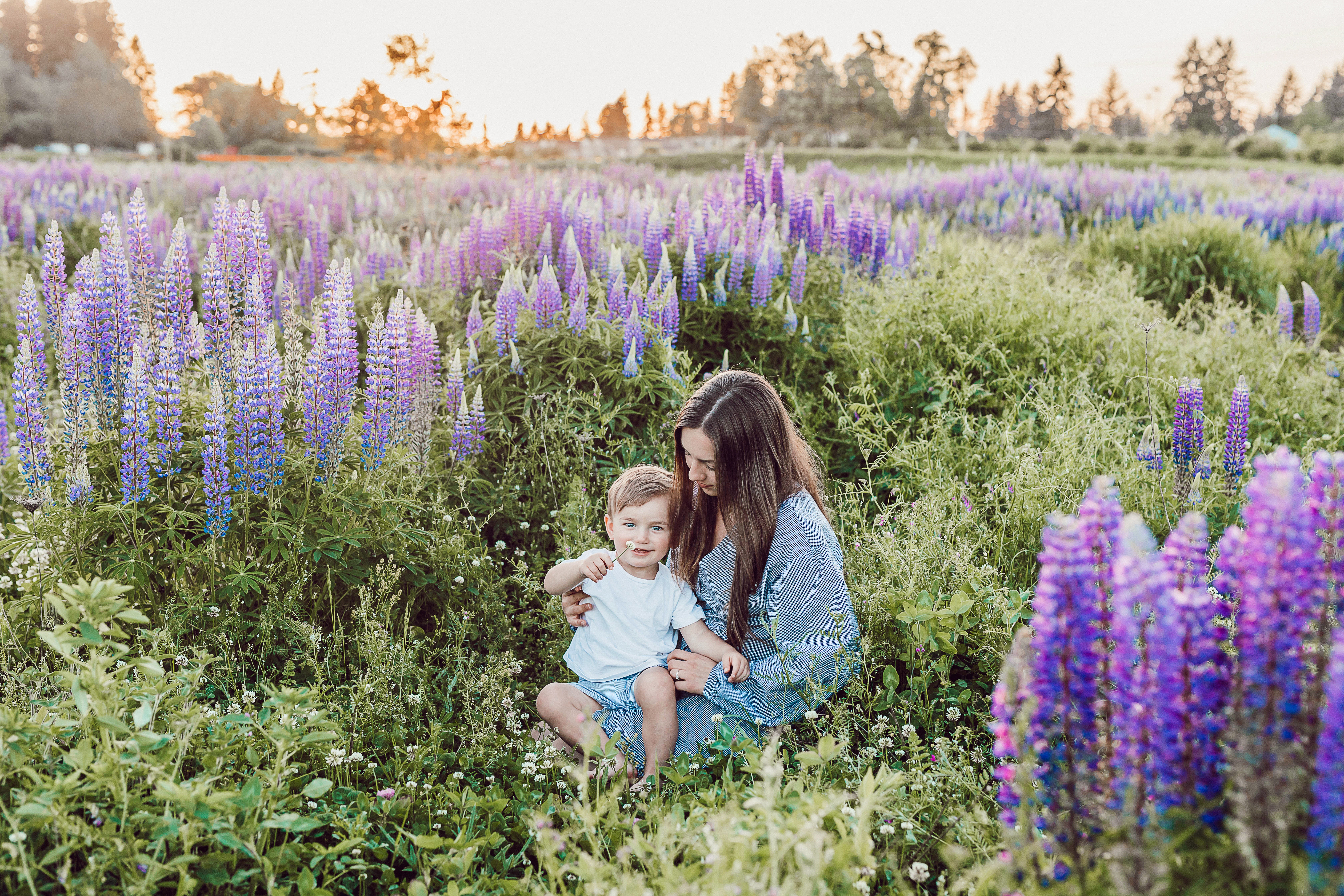 Cognitive behavior therapy mother and child in field with purple flowers